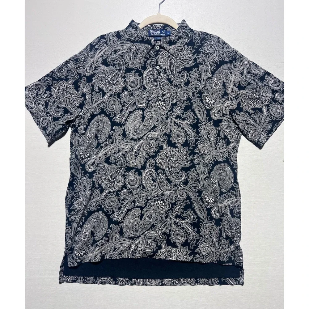 Polo Ralph Lauren Mens Large Navy Blue White Paisley Print Cotton Polo Shirt L
